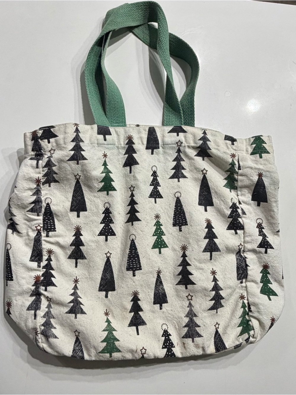 Canvas Tote Bag with Green Handles and Tree Print